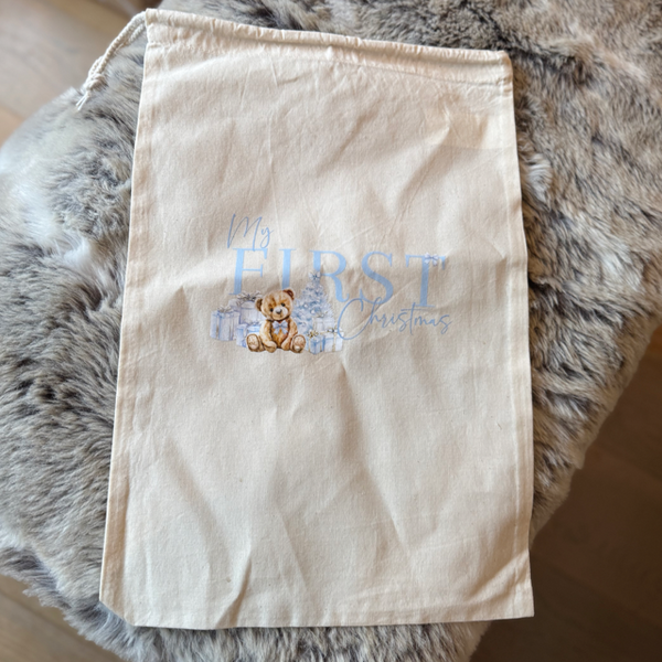 My First Christmas Teddy Light Blue Medium Sack - End Of Season Sale - Pretty Perfect Gifts uk