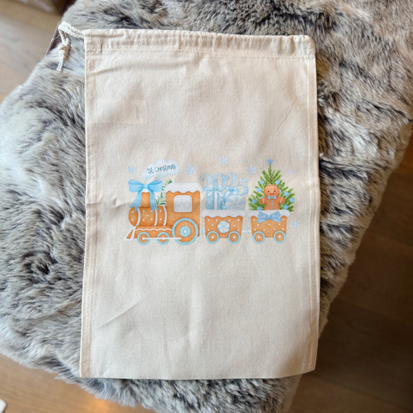 My First Christmas Train Blue Medium Sack - End Of Season Sale - Pretty Perfect Gifts uk
