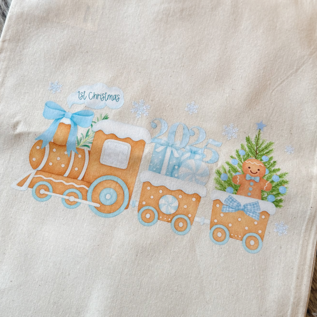 My First Christmas Train Blue Medium Sack - End Of Season Sale - Pretty Perfect Gifts uk