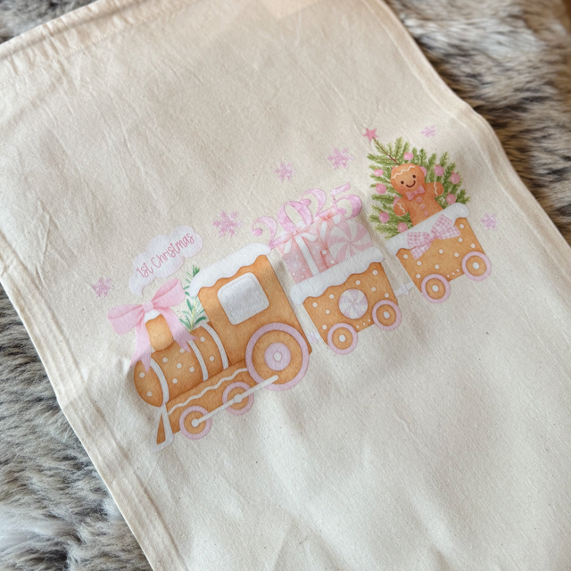 My First Christmas Train Pink Medium Sack - End Of Season Sale - Pretty Perfect Gifts uk