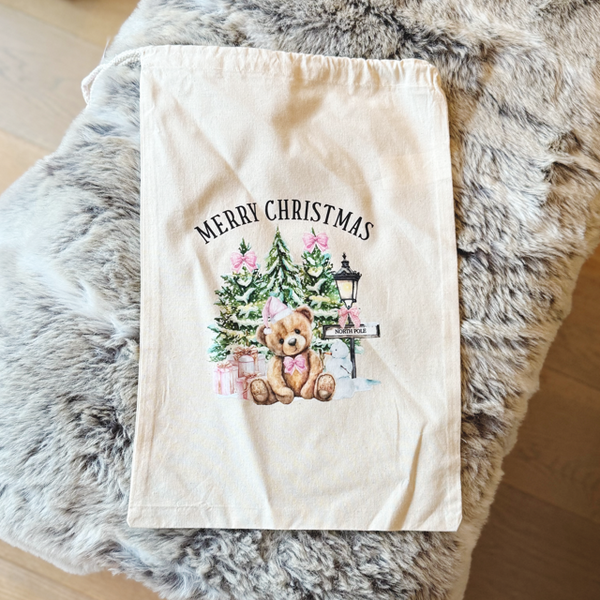 Merry Christmas Pink Teddy Medium Sack - End Of Season Sale - Pretty Perfect Gifts uk