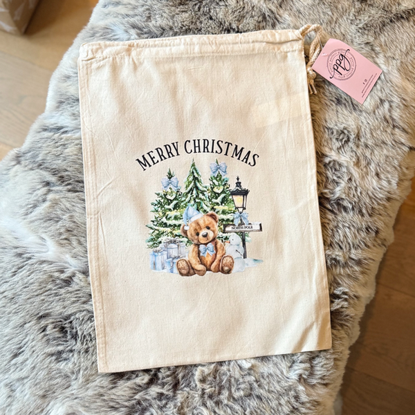 Merry Christmas Blue Teddy Medium Sack - End Of Season Sale - Pretty Perfect Gifts uk
