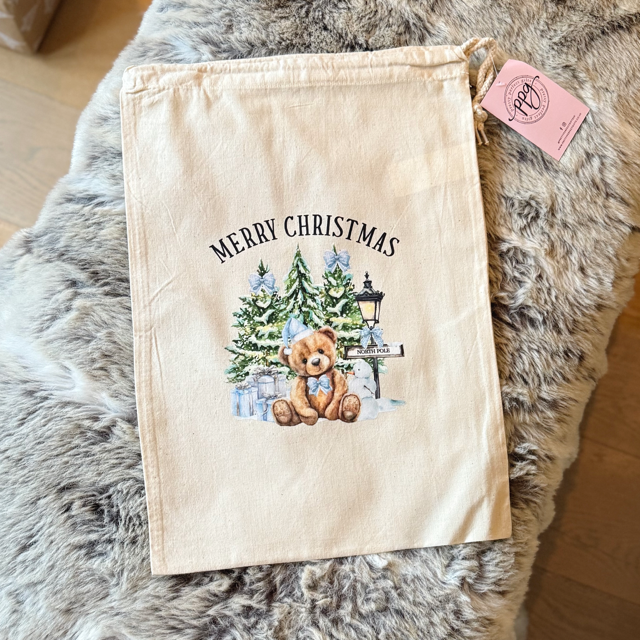 Merry Christmas Blue Teddy Medium Sack - End Of Season Sale - Pretty Perfect Gifts uk