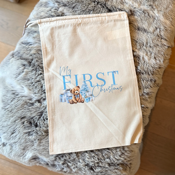 My First Christmas Teddy Blue Medium Sack - End Of Season Sale - Pretty Perfect Gifts uk