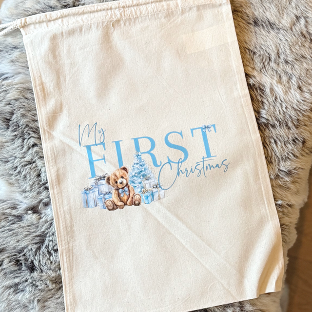 My First Christmas Teddy Blue Medium Sack - End Of Season Sale - Pretty Perfect Gifts uk