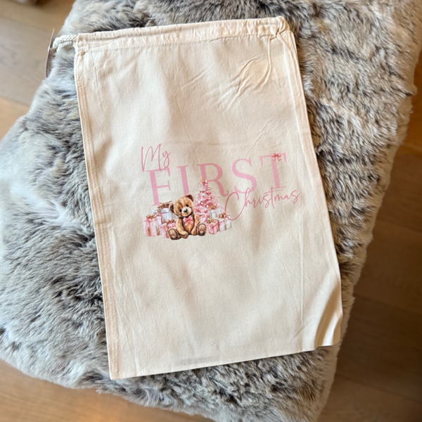 My First Christmas Teddy Pink Medium Sack - End Of Season Sale - Pretty Perfect Gifts uk