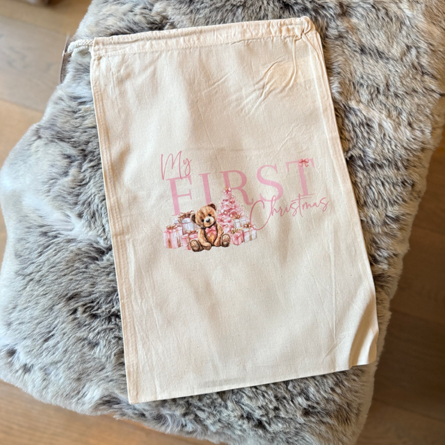 My First Christmas Teddy Pink Medium Sack - End Of Season Sale - Pretty Perfect Gifts uk
