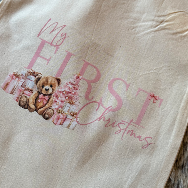 My First Christmas Teddy Pink Medium Sack - End Of Season Sale - Pretty Perfect Gifts uk