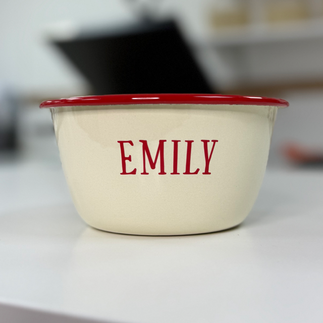 Personalised enamel snack bowl with custom name in red text