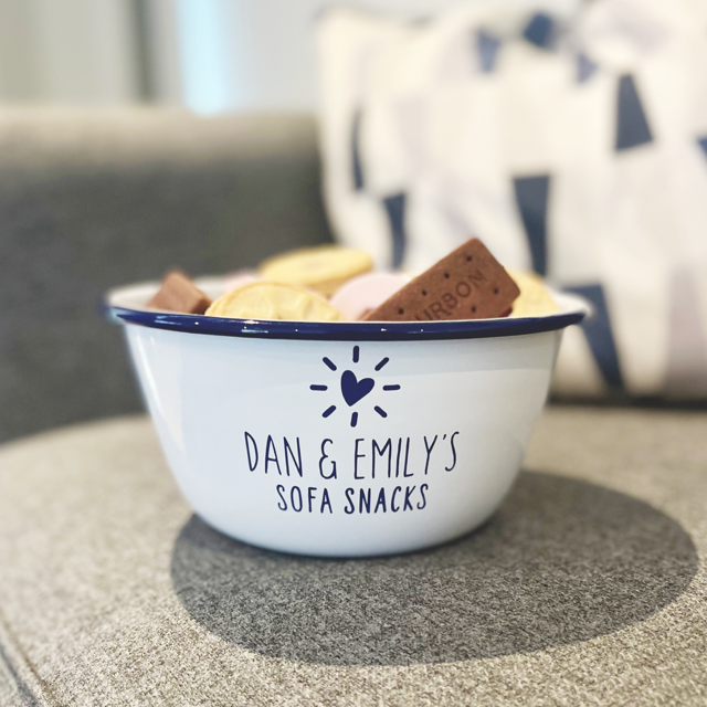 Sofa Snacks Personalised Enamel Bowl – Pretty Perfect Gifts uk