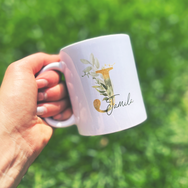 Green Gold Floral Initial Name Mug
